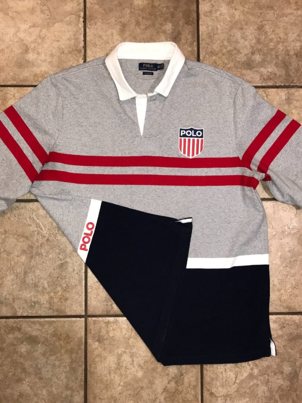 Men's Polo Ralph Lauren Shield Patch Flag Polo Shirt-Classic Fit-Size 2XL